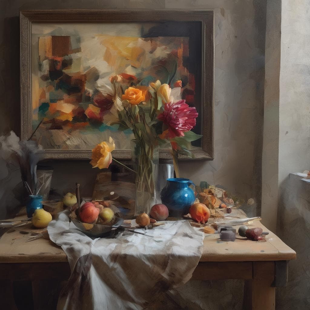 Ζωγραφική εξέλιξης στη σύγχρονη τέχνη με αφηρημένα και ρεαλιστικά στοιχεία, πολύχρωμα έργα τέχνης, πινάκες και διακοσμητικά αντικείμενα.