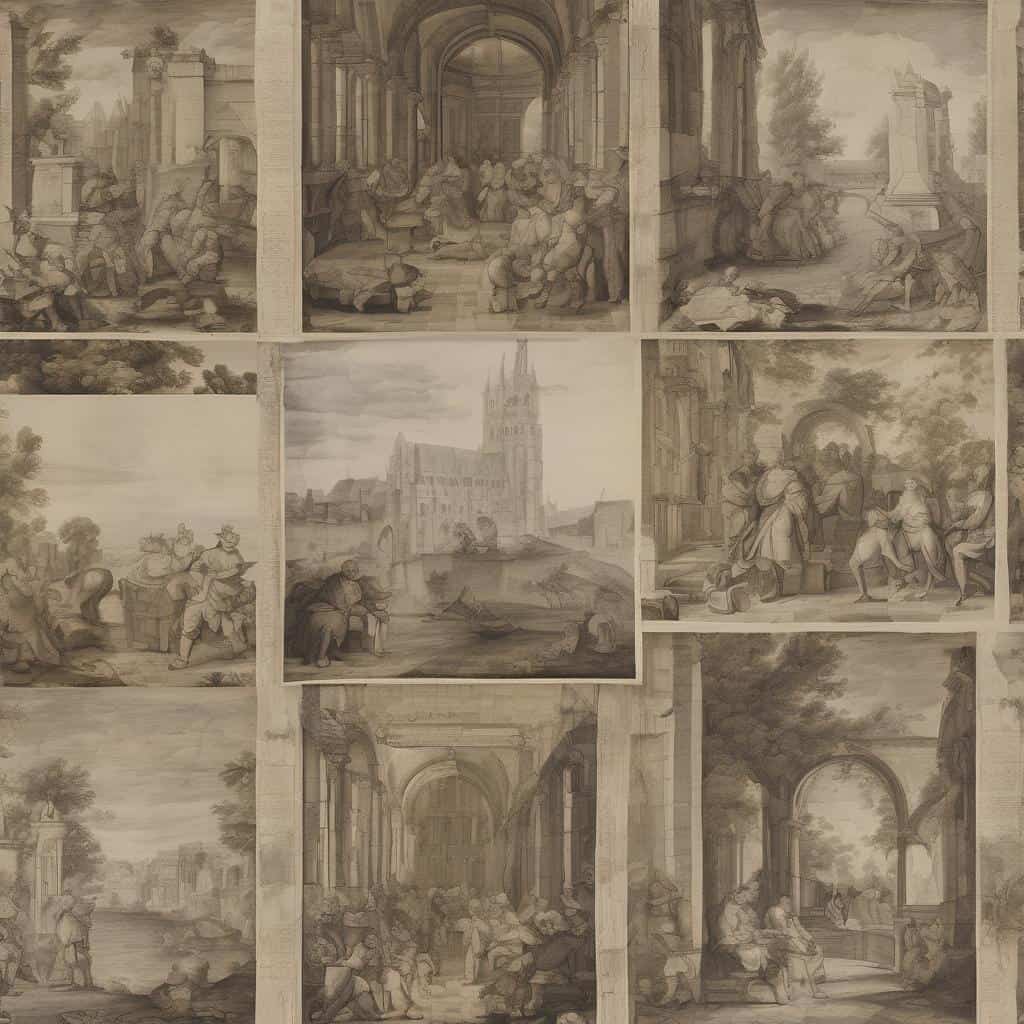 Άνθρωποι και αρχιτεκτονικά ερείπια σε τοπίο, αναπαραστάσεις σύγχρονης τέχνης, με έργα ιστορικής τέχνης, ατμοσφαιρικές σκηνές και αρχιτεκτονική διάταξη.