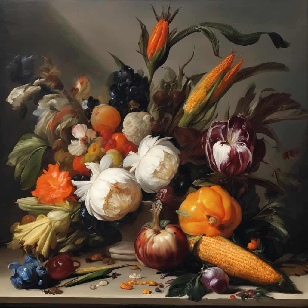Πίνακας με διαμορφωτικά έργα σύγχρονης τέχνης και λαϊκής τέχνης, συνδυάζοντας φρούτα και λαχανικά σε ρεαλιστική σύνθεση.