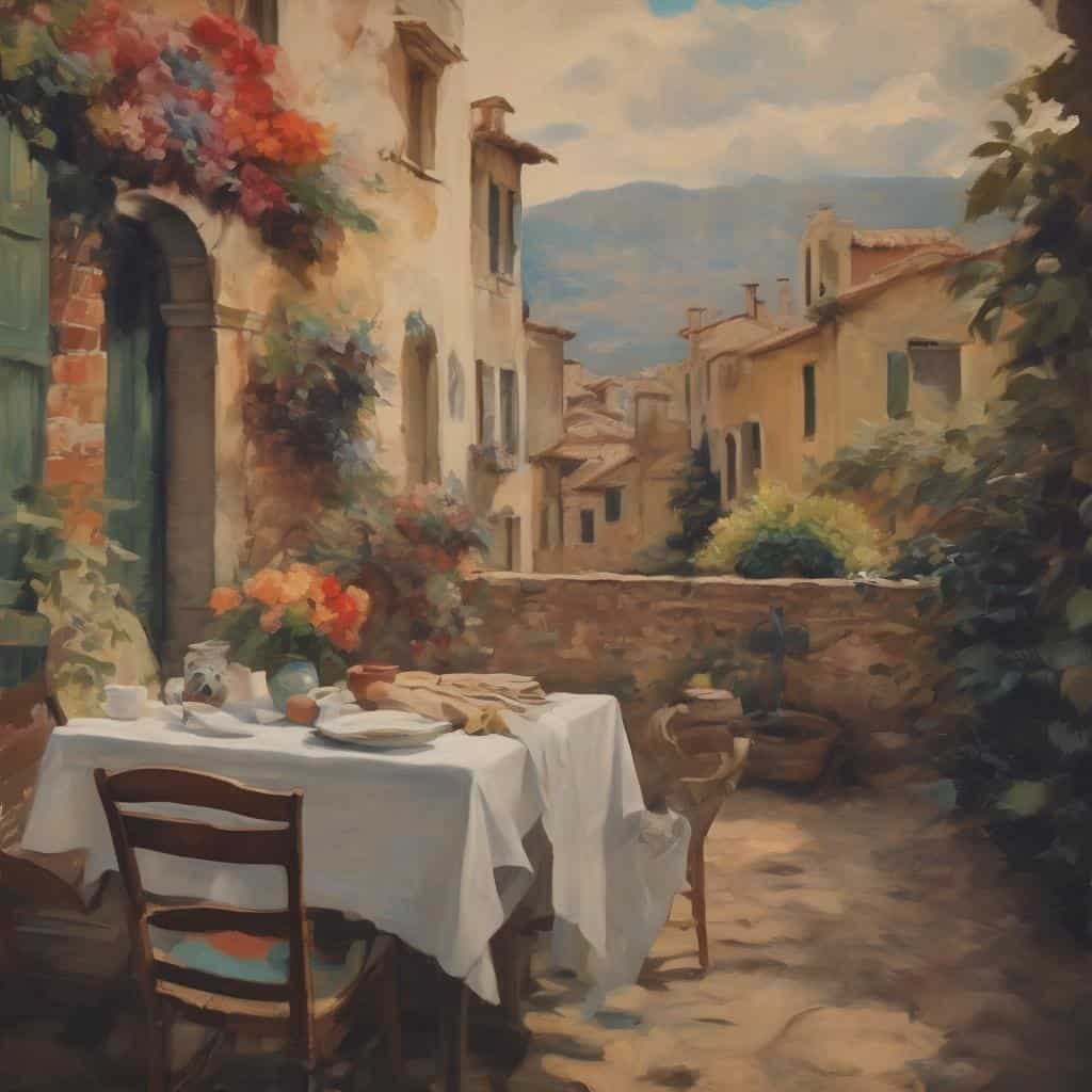 Παραδοσιακός ευρωπαϊκός καμβάς με σκηνή από την τέχνη της ιταλικής θυμβιάς αποθήκης, άνοδος στην σύγχρονη τέχνη που περιλαμβάνει ιμπρεσιονισμό και ρεαλισμό.