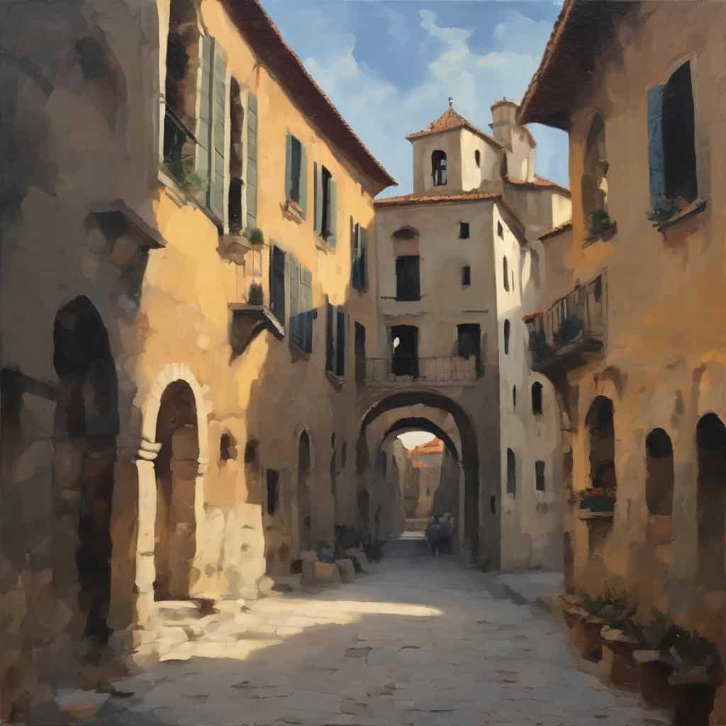 Παραδοσιακά κτίρια σε γοητευτικό παλαιοχριστιανικό σκηνικό, επιρροή σύγχρονης τέχνης, ιταλική αρχιτεκτονική, πολιτιστικό τοπίο, ιστορική τέχνη.